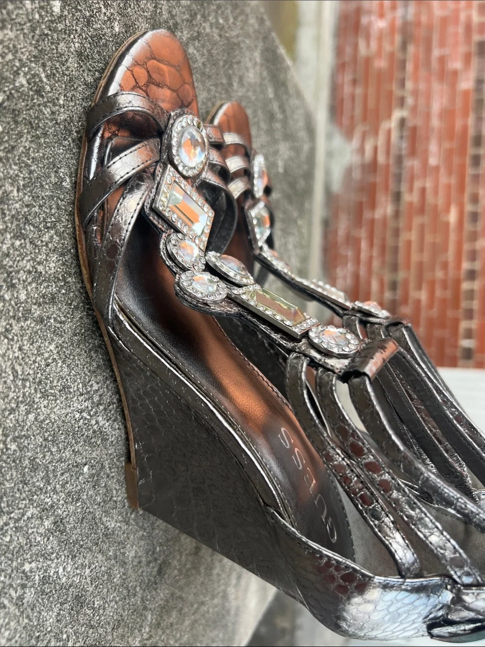 GUESS Metallic Silver Crystal-Embellished Wedge Sandals